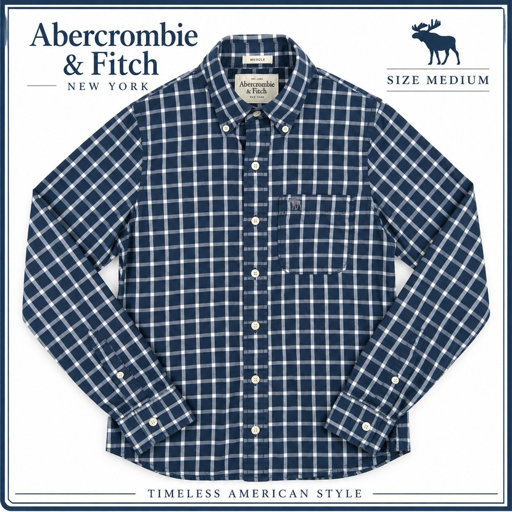 Abercrombie & Fitch Muscle Fit Shirt Mens M Navy White Plaid Long Sleeve Preppy
